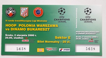 Polonia Varšava - Dinamo Bukurešť (2.8.2000), vstupenka na kvalifikační zápas Ligy mistrů UEFA