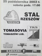 Stal Rzeszów - Tomasovia Tomaszow Lubelski, oficiální program zápasu III ligy (25.10.2003)