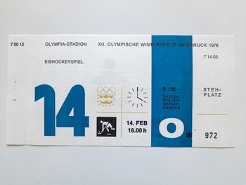 Vstupenka na XII. zimní olympijské hry Innsbruck 1976. Hokejový zápas Finsko - Polsko (14.2.1976, 16:00)