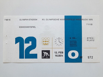 Vstupenka na XII. zimní olympijské hry Innsbruck 1976. Hokejový zápas Československo - Západní Německo (12.2.1976, 16:00)