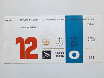 Vstupenka na XII. zimní olympijské hry Innsbruck 1976. Hokejový zápas SSSR - Finsko (12.2.1976, 19:00)