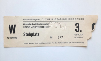 Vstupenka na XII. zimní olympijské hry Innsbruck 1976. Hokejový zápas SSSR - Rakousko (3.2.1976)