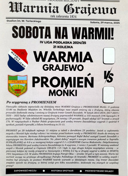 Warmia Grajewo - Promien Monki, program zápasu IV. ligy Podlasie (29.3.2025)