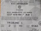 RSC Anderlecht - FC Porto Vstupenka na zápas Ligy mistrů UEFA 2.03.1994