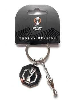 Kovový přívěsek na klíče s kulatým logem Evropské ligy UEFA a miniaturou trofeje (oficiální licencovaný produkt)