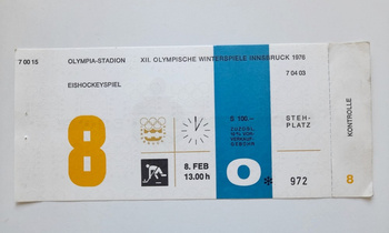 Vstupenka na XII. zimní olympijské hry Innsbruck 1976. Hokejový zápas SSSR - Polsko (8.2.1976, 13:00)