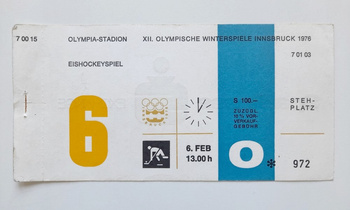 Vstupenka na XII. zimní olympijské hry Innsbruck 1976. Hokejový zápas Západní Německo - Polsko (6.2.1976, 13:00)