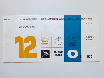 Vstupenka na XII. zimní olympijské hry Innsbruck 1976. Hokejový zápas USA - Polsko (12.2.1976, 13:00)