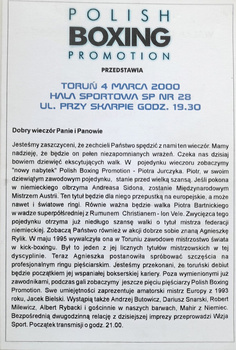 Oficiální program galavečera propagace polského boxu (4.3.2000)