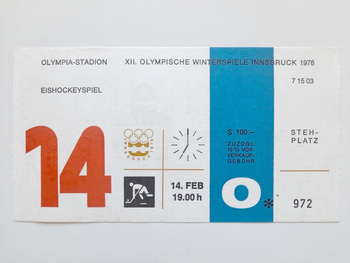 Vstupenka na XII. zimní olympijské hry Innsbruck 1976. Hokejový zápas SSSR - Československo (14.2.1976, 19:00)