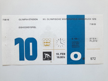 Vstupenka na XII. zimní olympijské hry Innsbruck 1976. Hokejový zápas Polsko - Československo (10.2.1976, 16:00)
