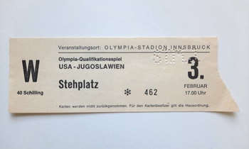 Vstupenka na XII. zimní olympijské hry Innsbruck 1976. Hokejový zápas USA - Jugoslávie (3.2.1976)
