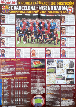 Plakát-průvodce zápasem FC Barcelona - Wisła Kraków, kvalifikace Ligy mistrů (13/08/2008)