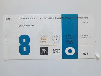 Vstupenka na XII. zimní olympijské hry Innsbruck 1976. Hokejový zápas Finsko - Západní Německo (8.2.1976, 16:00)